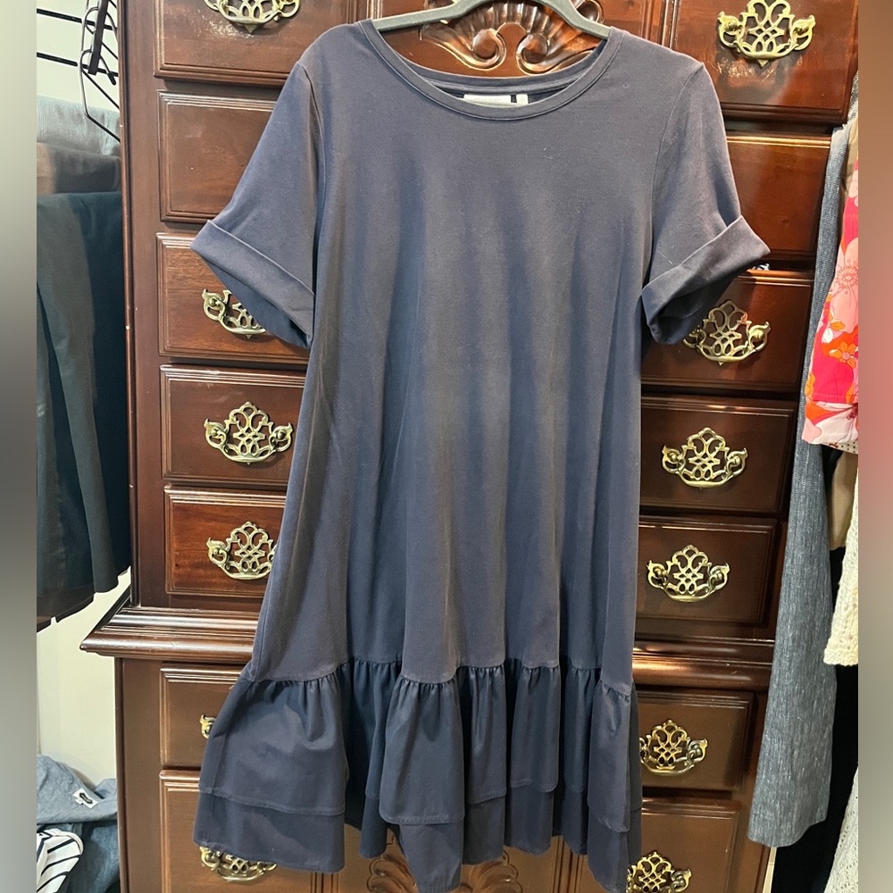 Chico's Dark Blue Ruffle Hem T-shirt dress